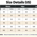 Cargo Pants US size chart with waist, hip and length measurements from S to XXXL